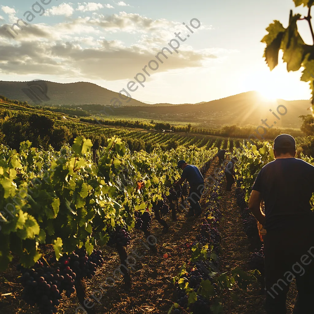 Workers harvesting grapes in vineyard under sunshine - Image 4