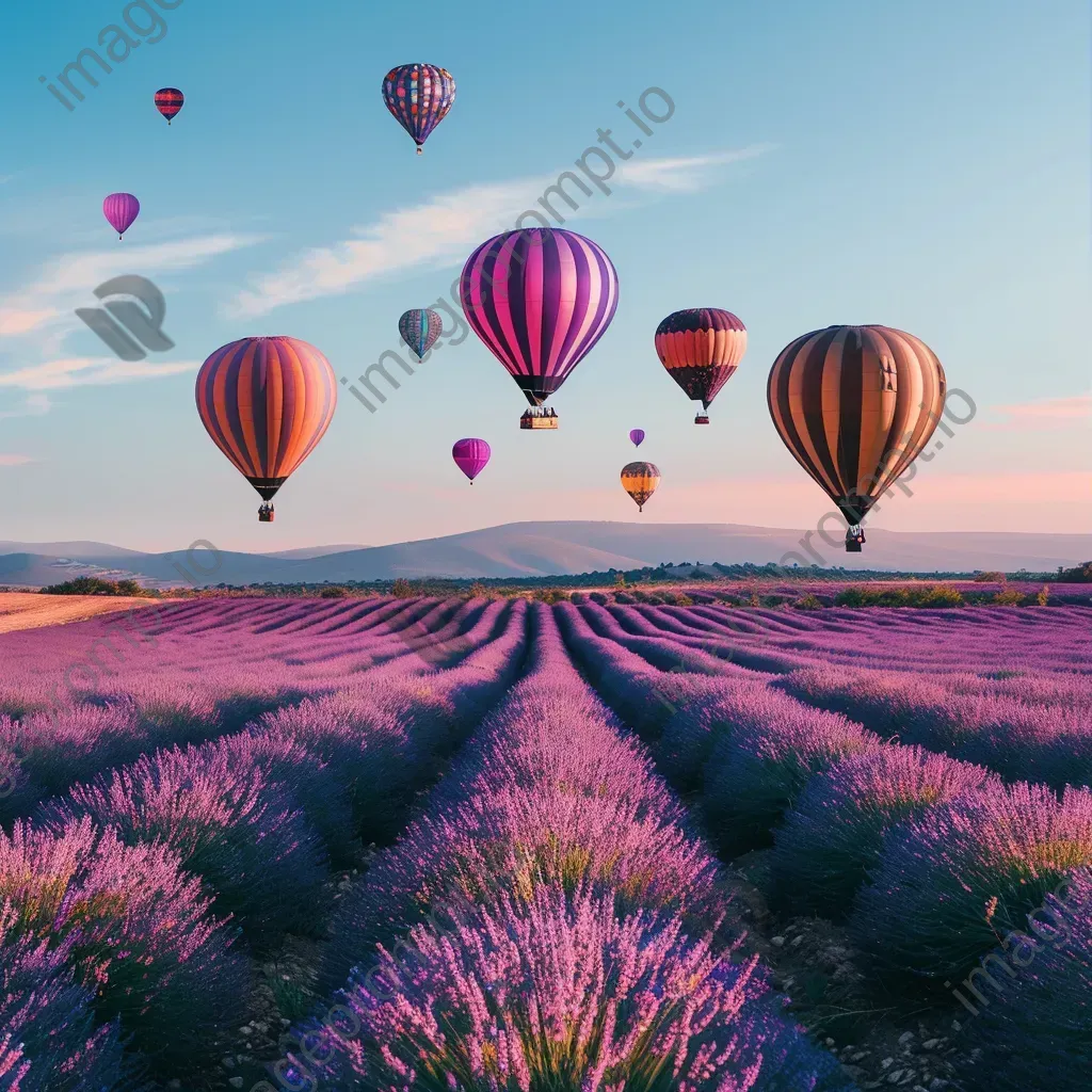 Hot air balloons floating over a lavender field in full bloom under a blue sky - Image 1