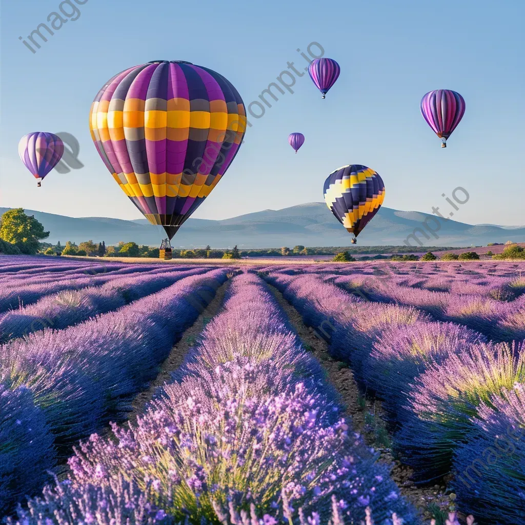 Hot air balloons floating over a lavender field in full bloom under a blue sky - Image 2