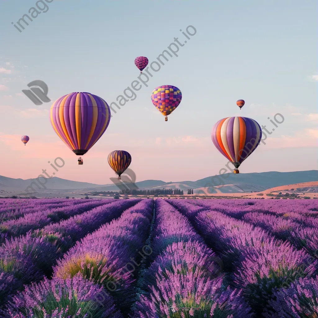 Hot air balloons floating over a lavender field in full bloom under a blue sky - Image 3