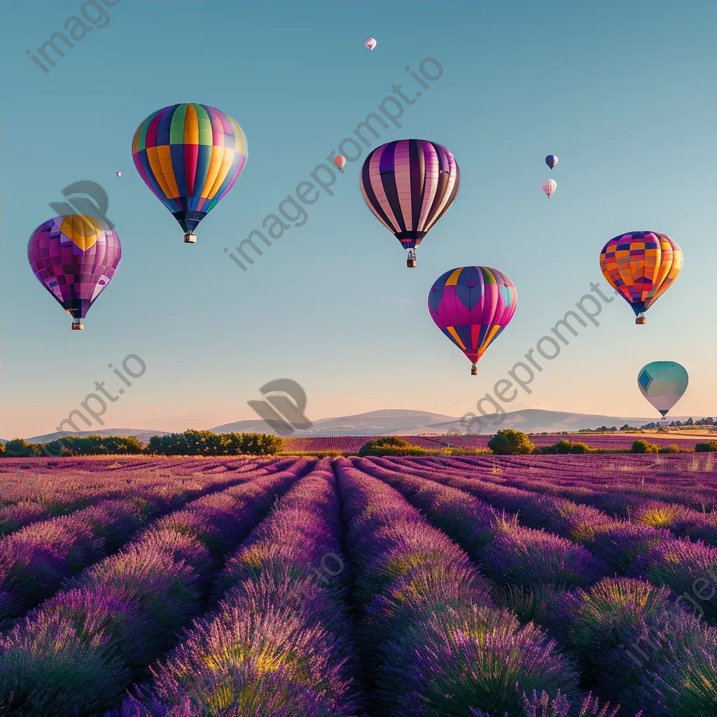 Hot air balloons floating over a lavender field in full bloom under a blue sky - Image 4