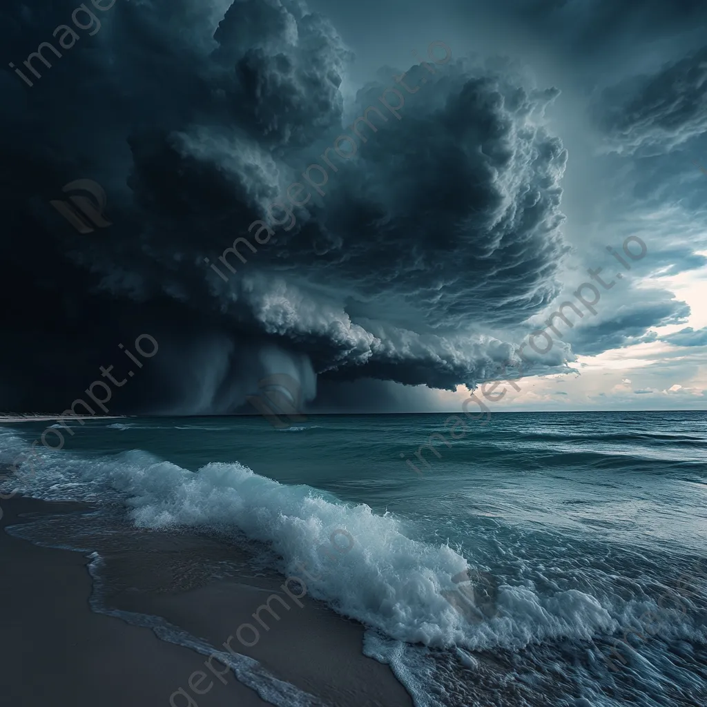 Thunderstorm with crashing waves and dark clouds over a beach. - Image 1