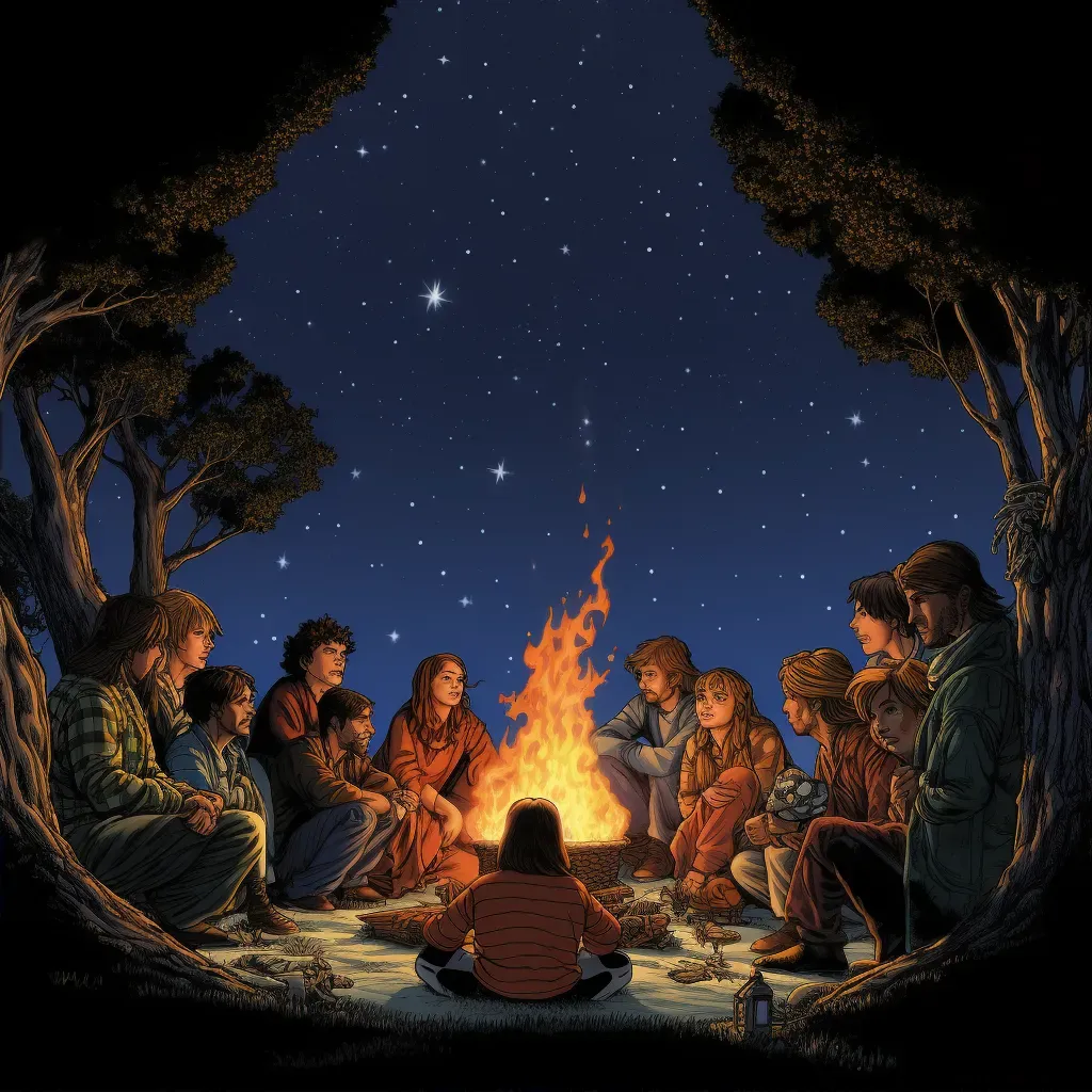 Friends gathered around campfire sharing stories under starry sky - Image 2