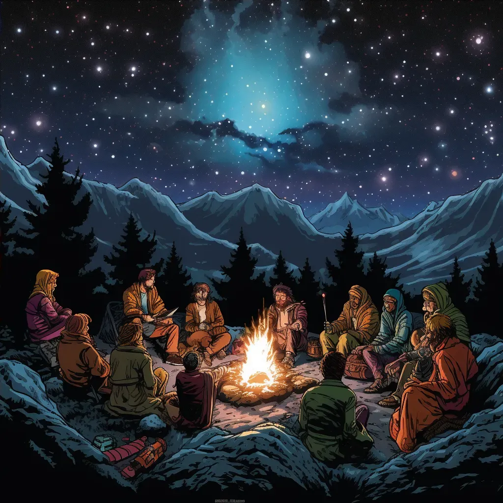 Friends gathered around campfire sharing stories under starry sky - Image 4