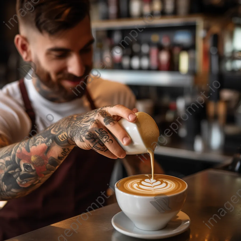 Barista making cappuccino with milk art in a busy café. - Image 1