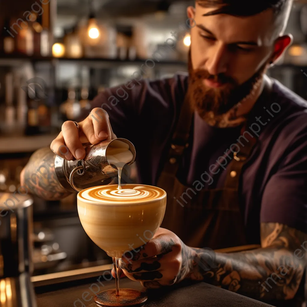 Barista making cappuccino with milk art in a busy café. - Image 2