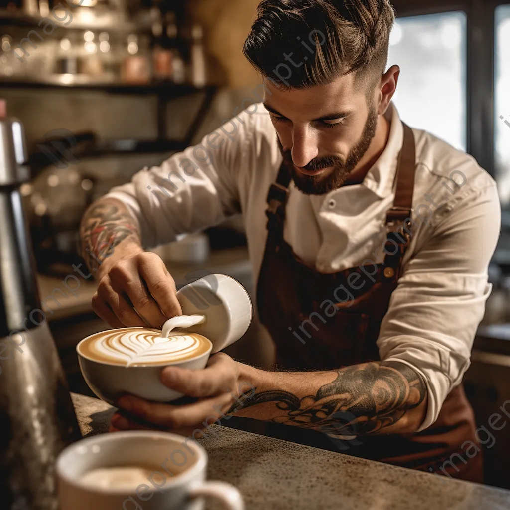 Barista making cappuccino with milk art in a busy café. - Image 3