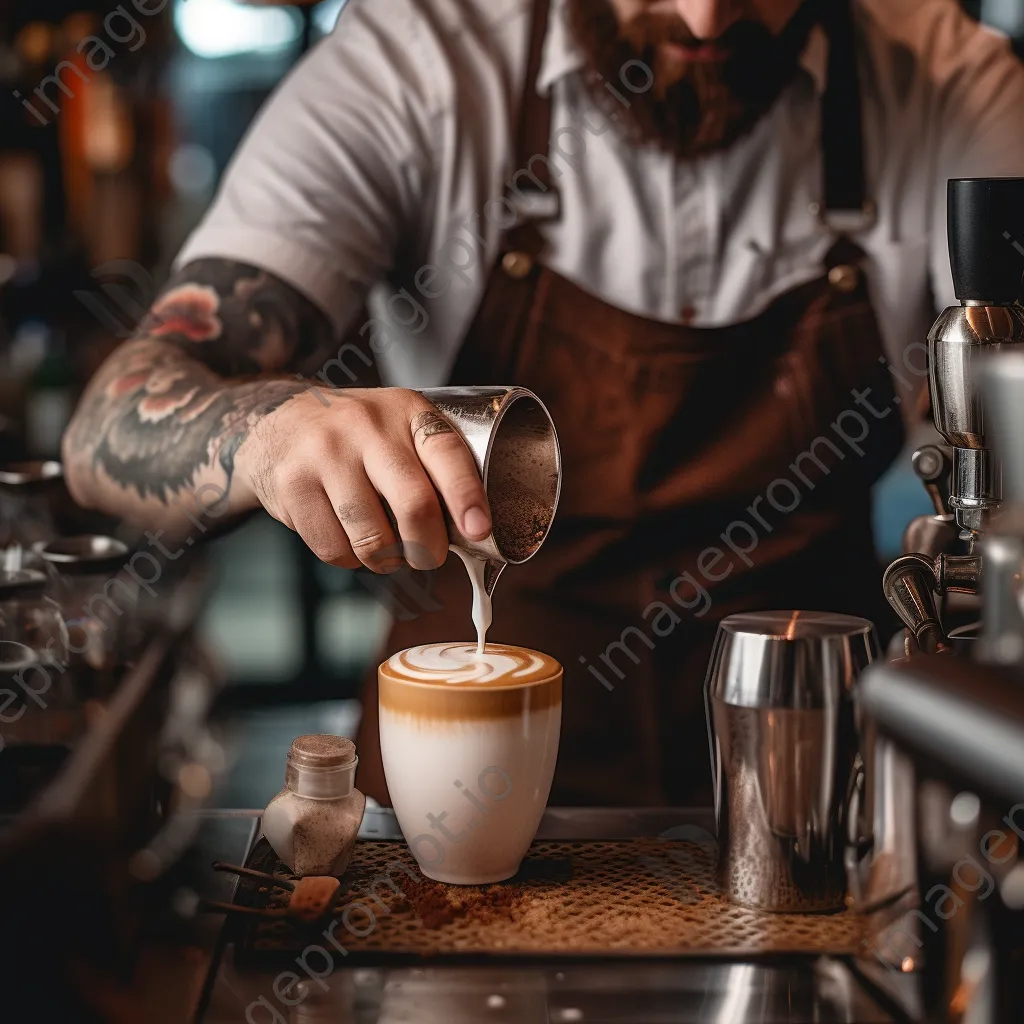 Barista making cappuccino with milk art in a busy café. - Image 4