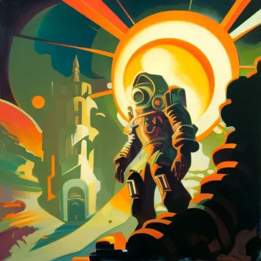 Astronaut in Vintage Space Suit on Alien Planet with Two Suns