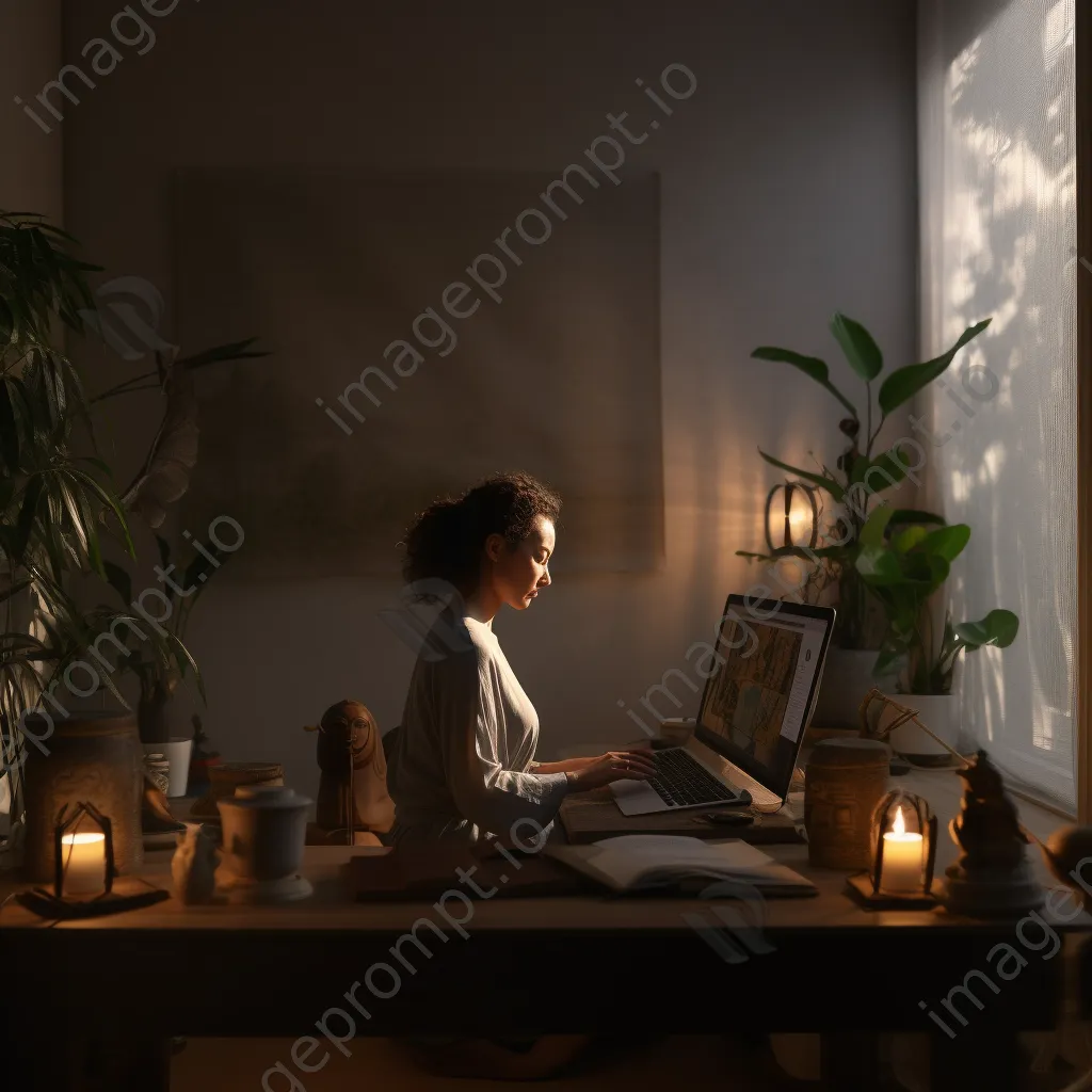 Woman meditating in a minimalist office with candles - Image 2