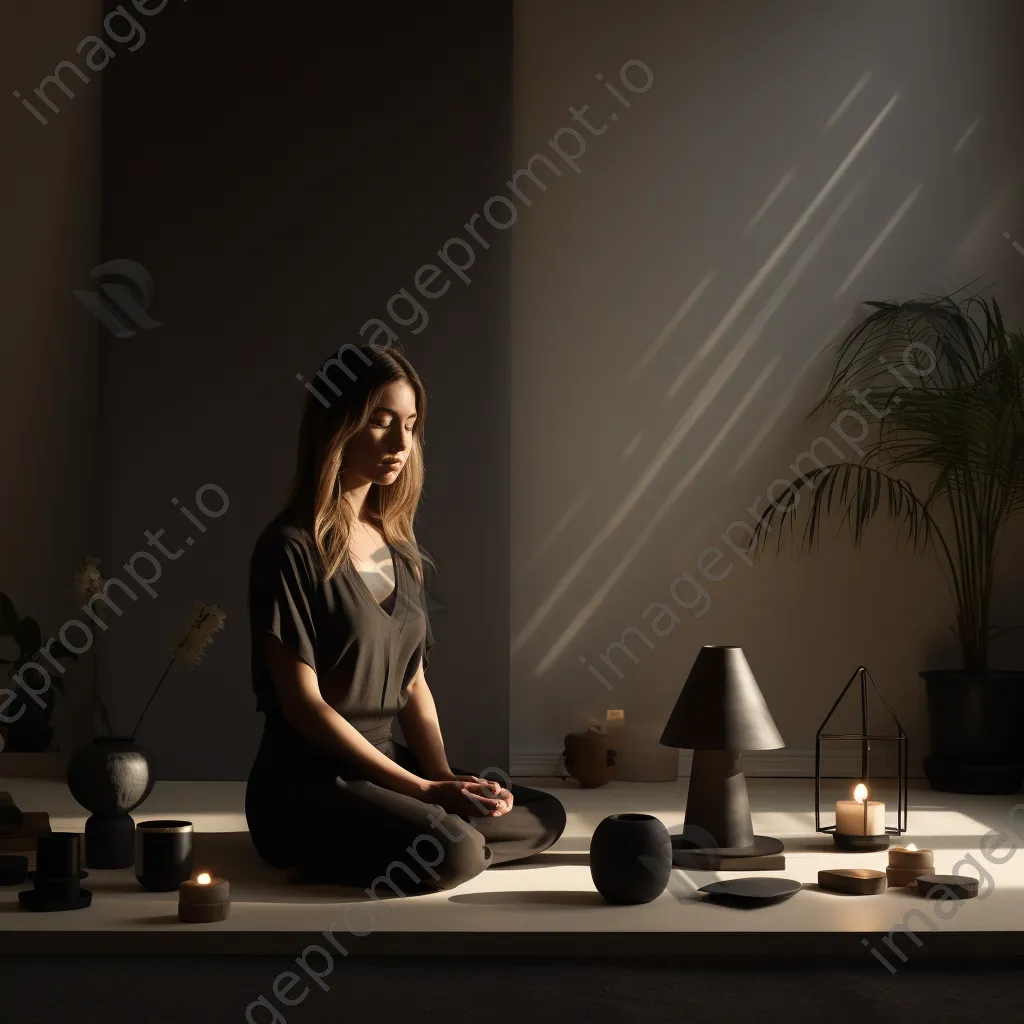 Woman meditating in a minimalist office with candles - Image 3