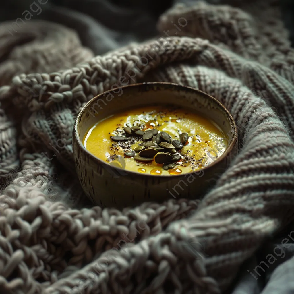 A bowl of pumpkin soup garnished with seeds and oil on a textured knitted fabric. - Image 1