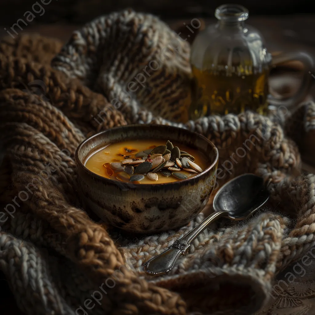 A bowl of pumpkin soup garnished with seeds and oil on a textured knitted fabric. - Image 2