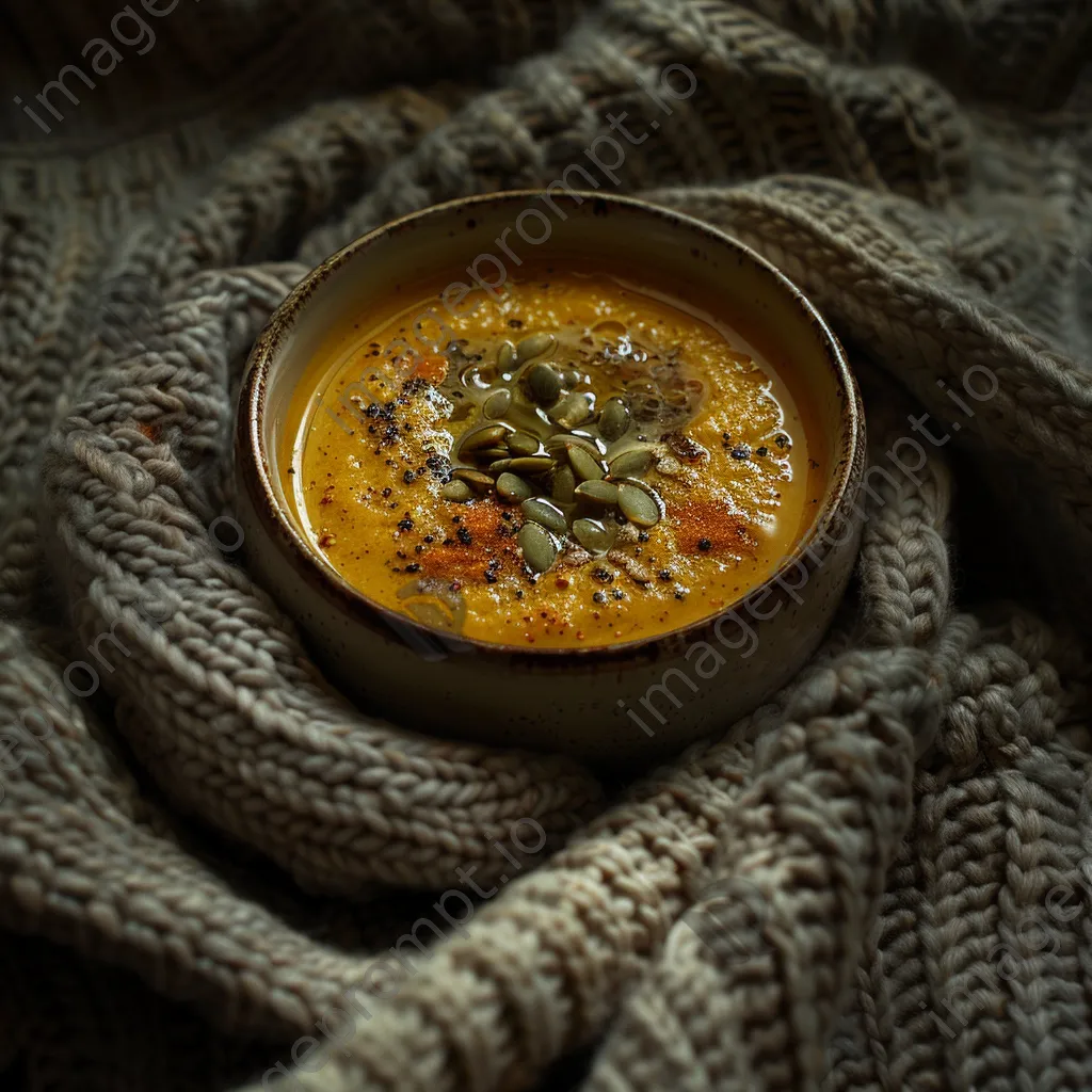 A bowl of pumpkin soup garnished with seeds and oil on a textured knitted fabric. - Image 3