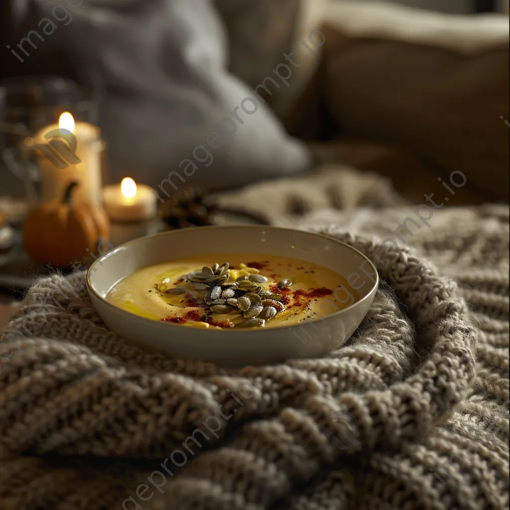 A bowl of pumpkin soup garnished with seeds and oil on a textured knitted fabric. - Image 4