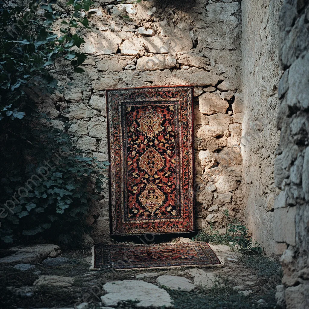 Traditional carpet displayed against a stone wall. - Image 2