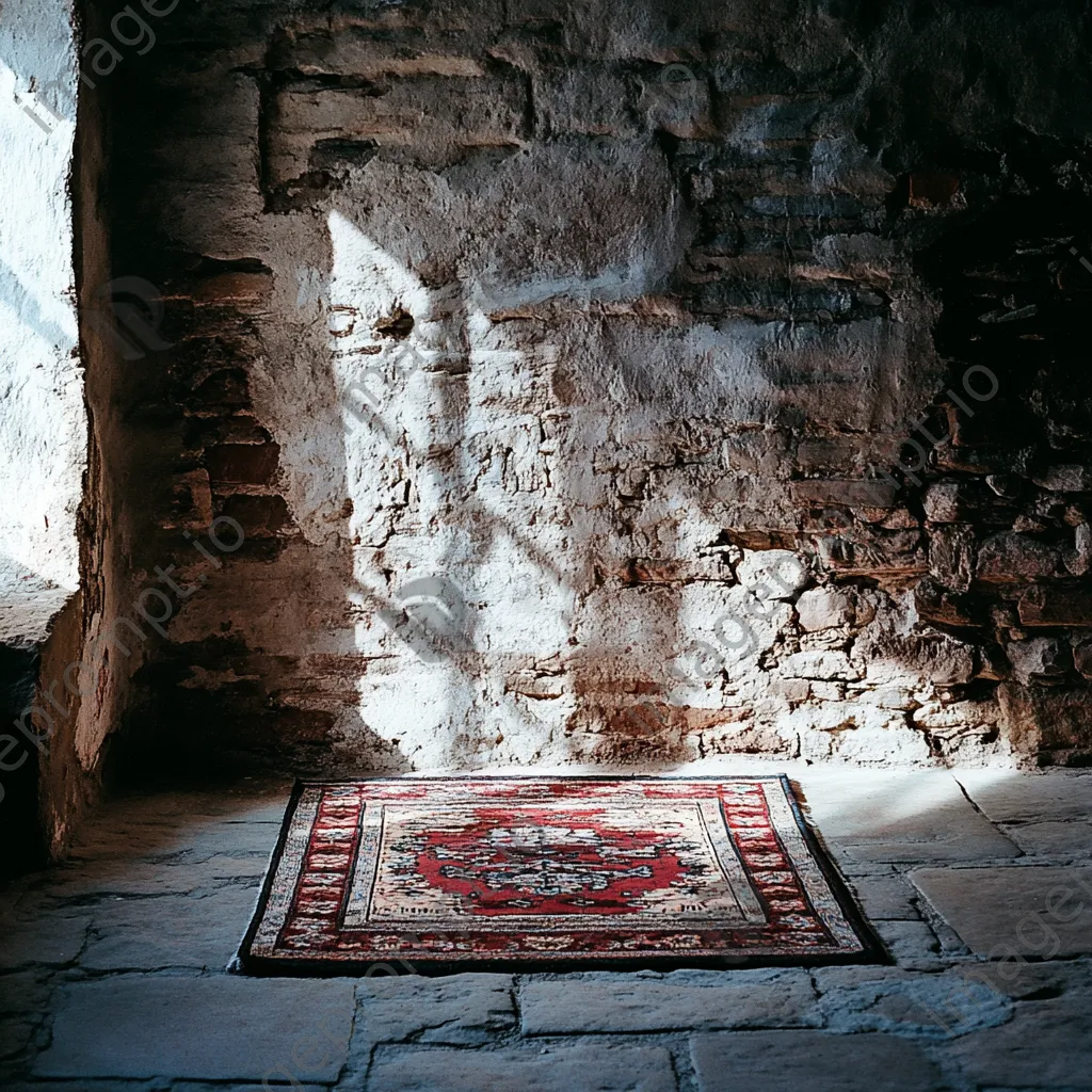 Traditional carpet displayed against a stone wall. - Image 3