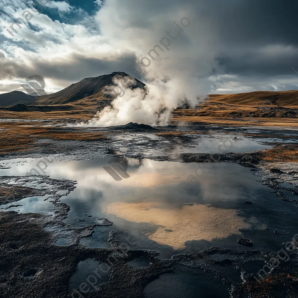 Geothermal vents in a volcanic landscape with dramatic steam. - Image 1