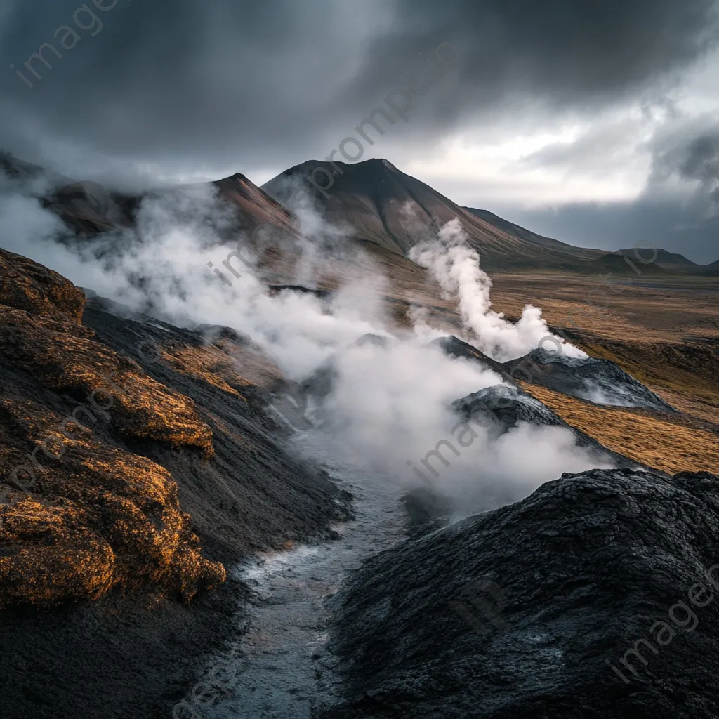 Geothermal vents in a volcanic landscape with dramatic steam. - Image 3