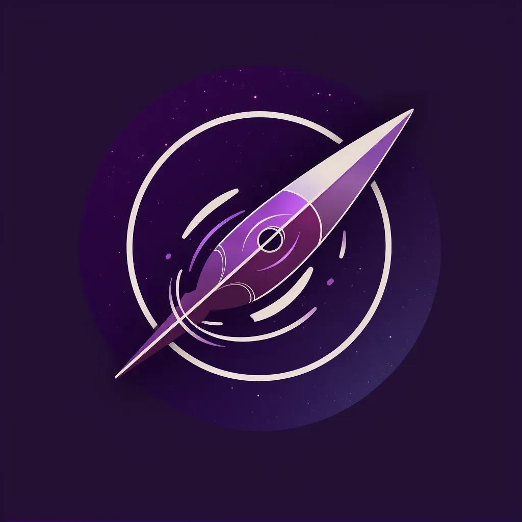 Rocket icon with orbiting planets in purple and silver on a dark background - Image 1