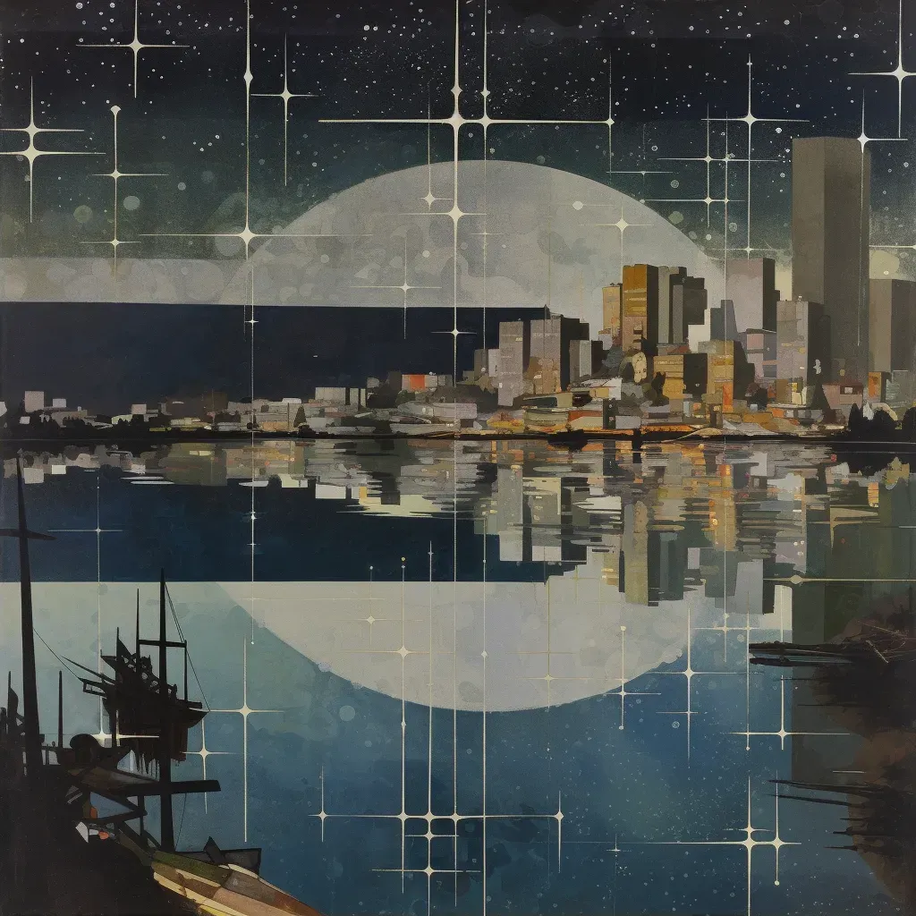 Lake under starry night sky reflecting cityscape - Image 2