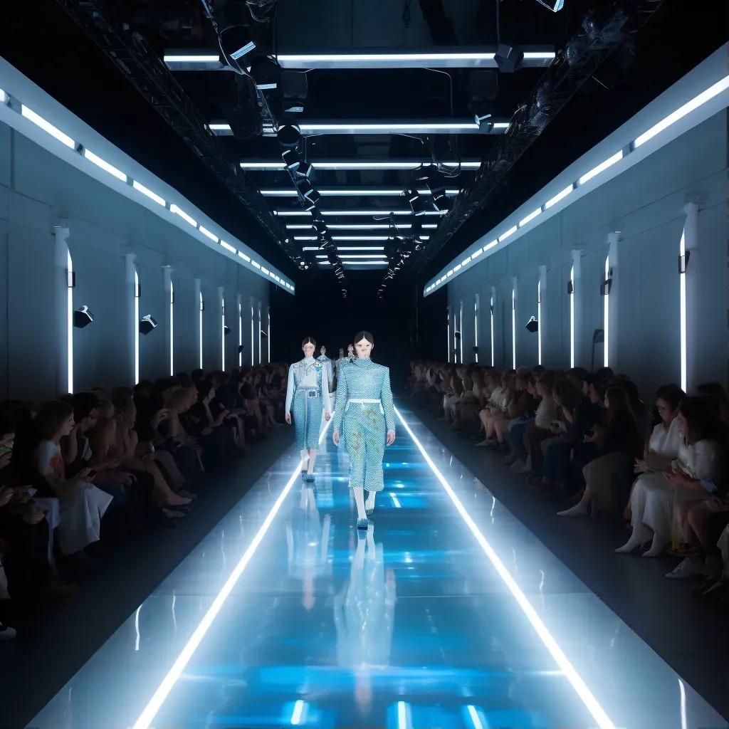 Futuristic fashion runway with models wearing avant-garde outfits inspired by sci-fi and fantasy films - Image 1