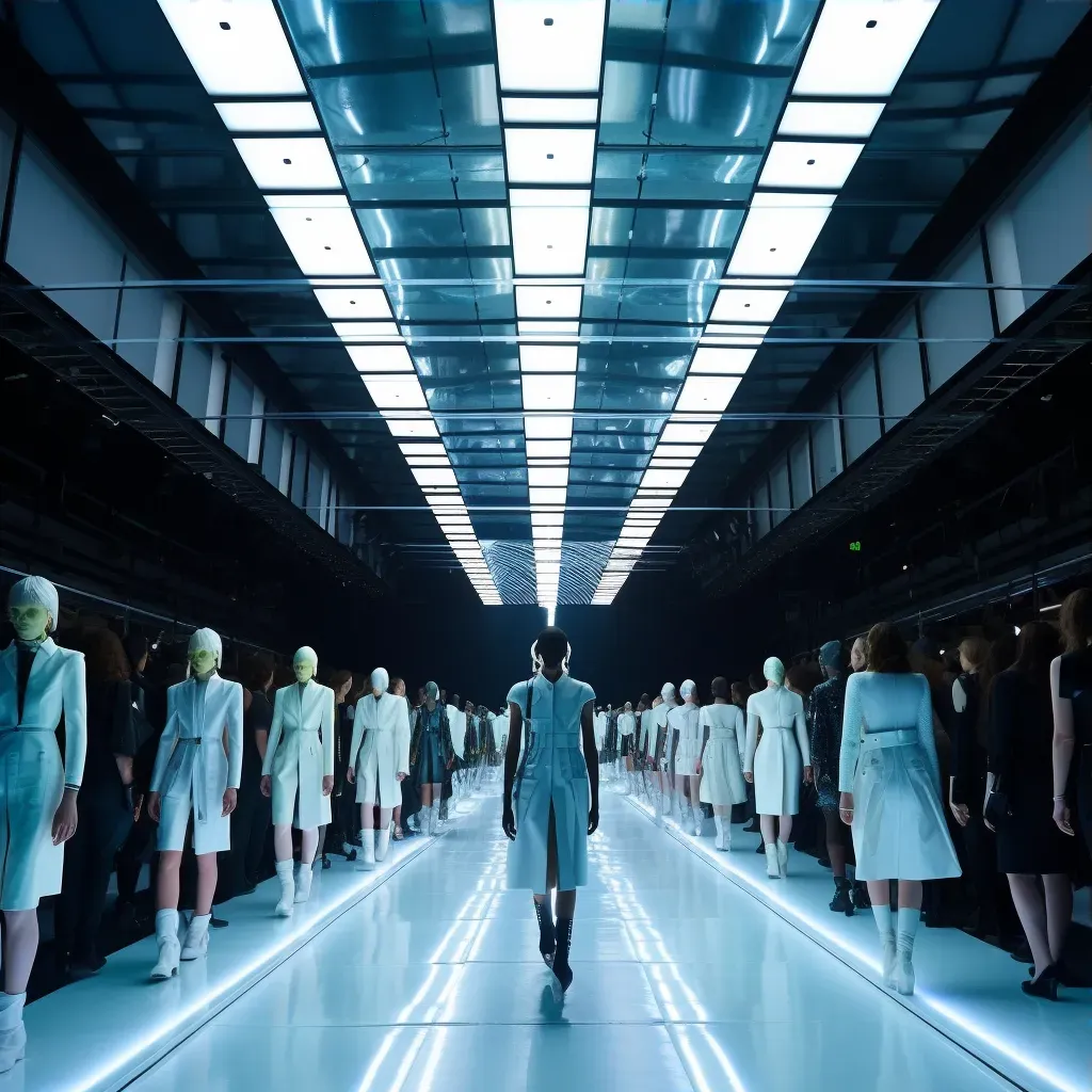 Futuristic fashion runway with models wearing avant-garde outfits inspired by sci-fi and fantasy films - Image 3