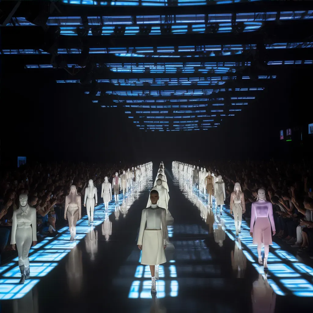 Futuristic fashion runway with models wearing avant-garde outfits inspired by sci-fi and fantasy films - Image 4