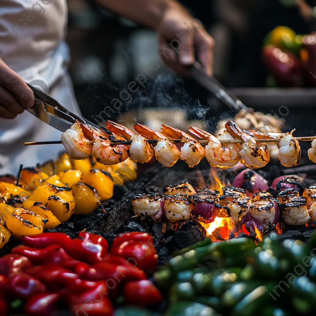 Chef grilling shrimp skewers with vegetables on a barbecue - Image 1