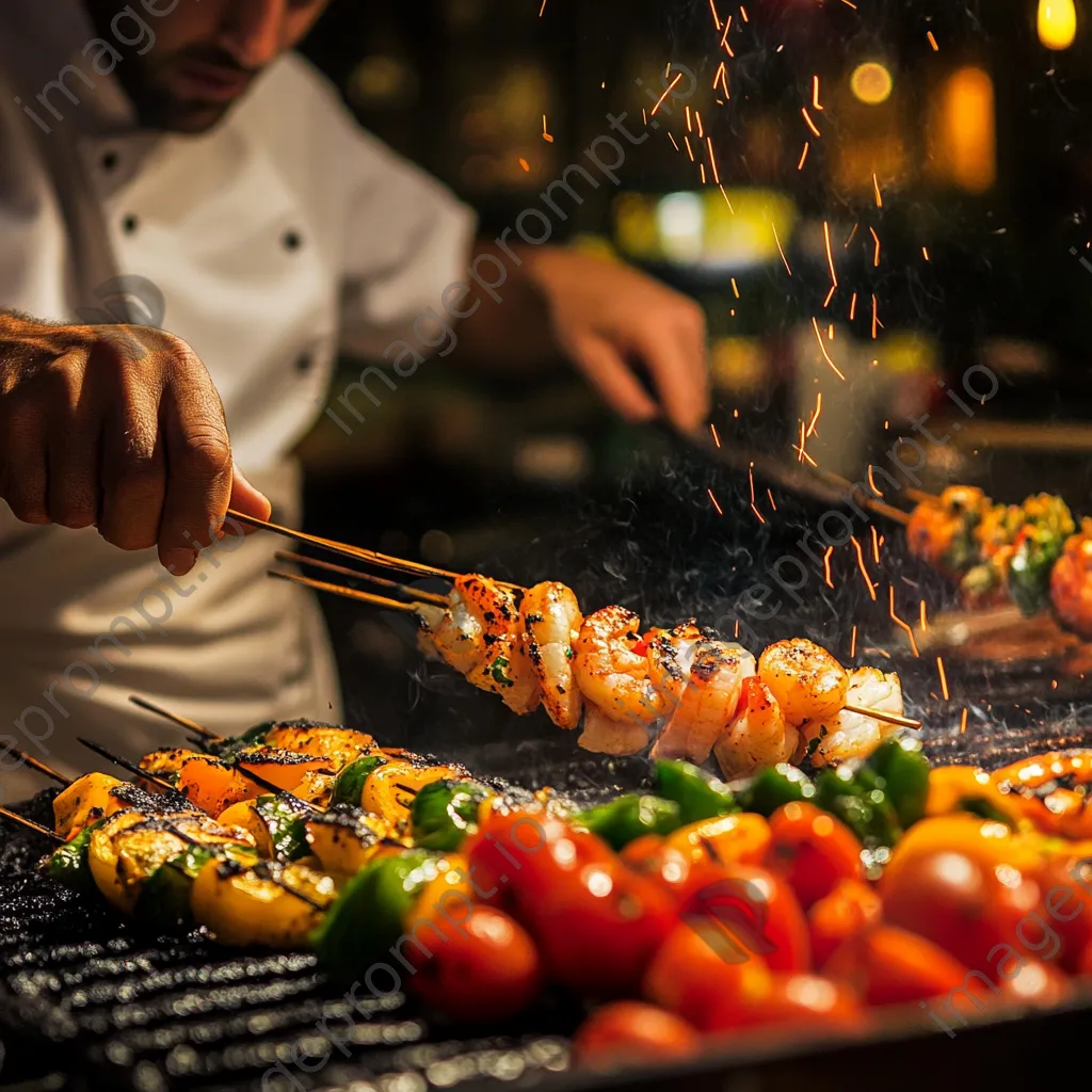 Chef grilling shrimp skewers with vegetables on a barbecue - Image 2