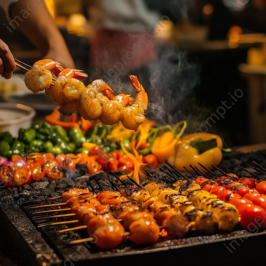 Chef grilling shrimp skewers with vegetables on a barbecue - Image 3