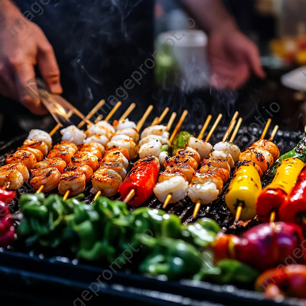 Chef grilling shrimp skewers with vegetables on a barbecue - Image 4