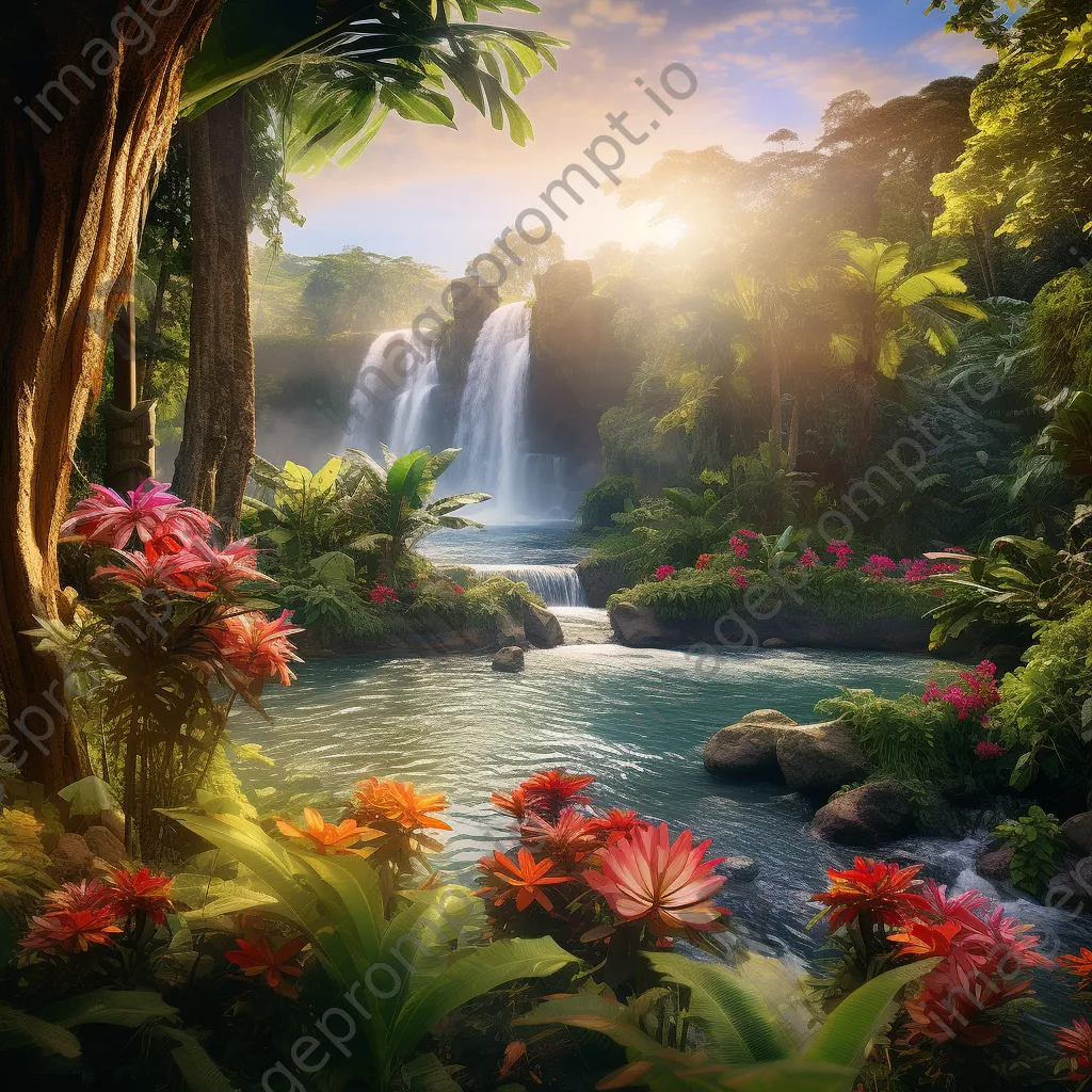 Cascading waterfall on a tropical island surrounded by palm trees - Image 1