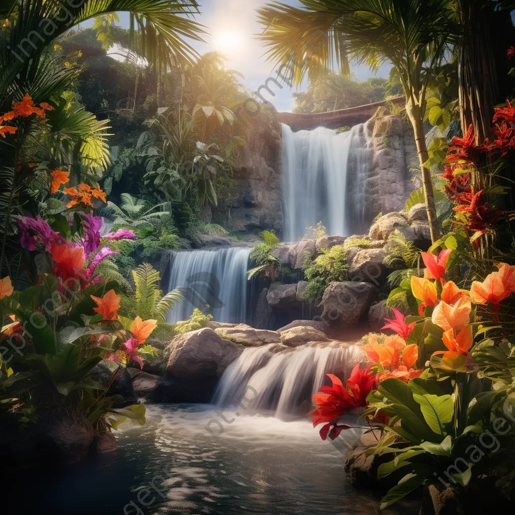 Cascading waterfall on a tropical island surrounded by palm trees - Image 2