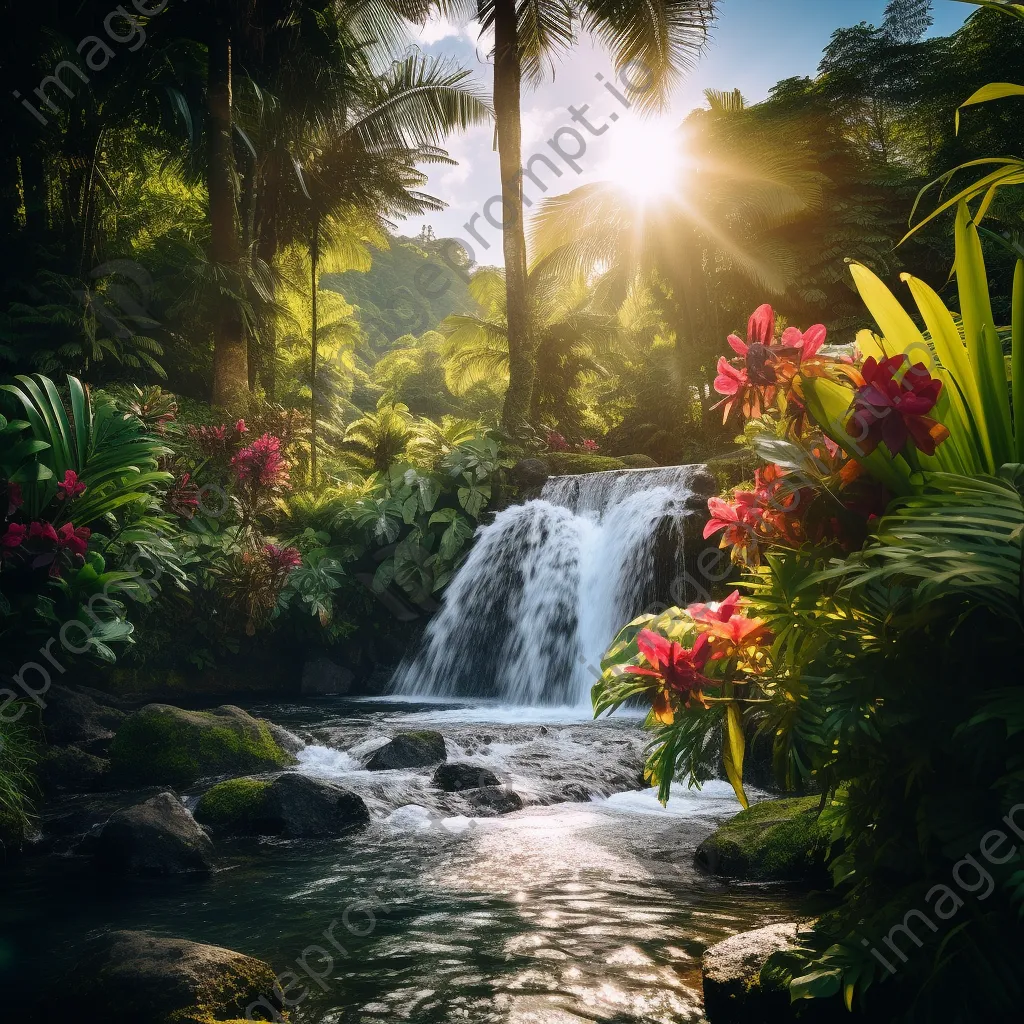 Cascading waterfall on a tropical island surrounded by palm trees - Image 3