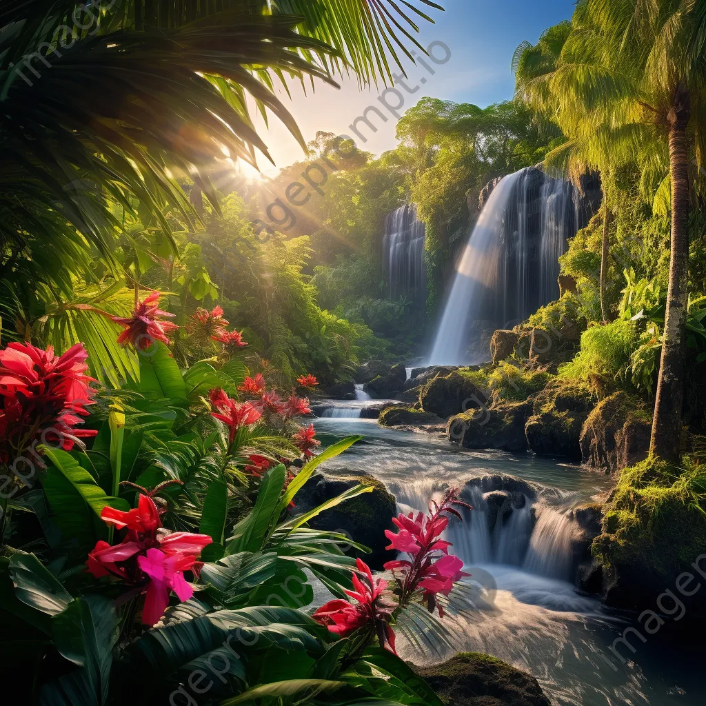 Cascading waterfall on a tropical island surrounded by palm trees - Image 4