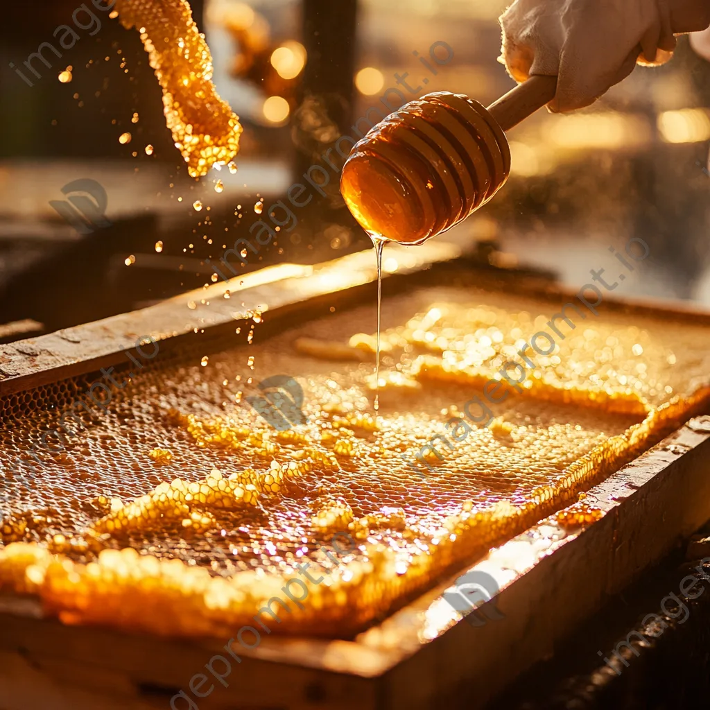 Close-up of honey extraction from traditional beehives, highlighting golden honey comb. - Image 2