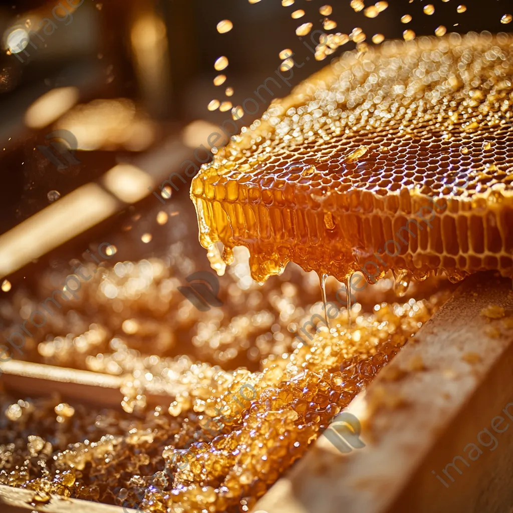 Close-up of honey extraction from traditional beehives, highlighting golden honey comb. - Image 4