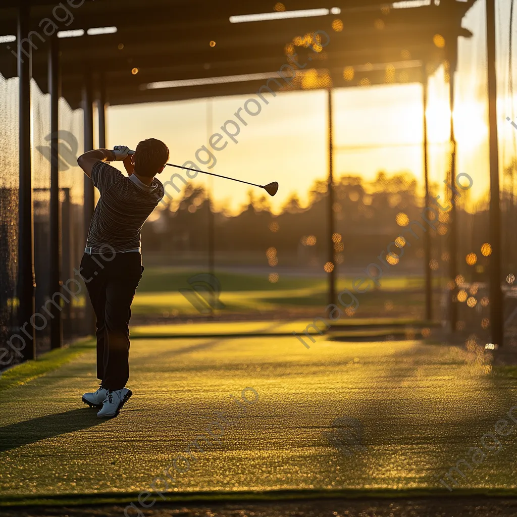 Golfer practicing swing on a driving range at golden hour - Image 1