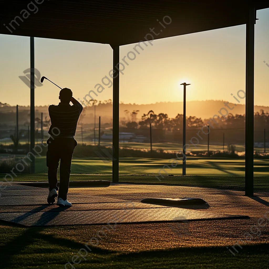 Golfer practicing swing on a driving range at golden hour - Image 2