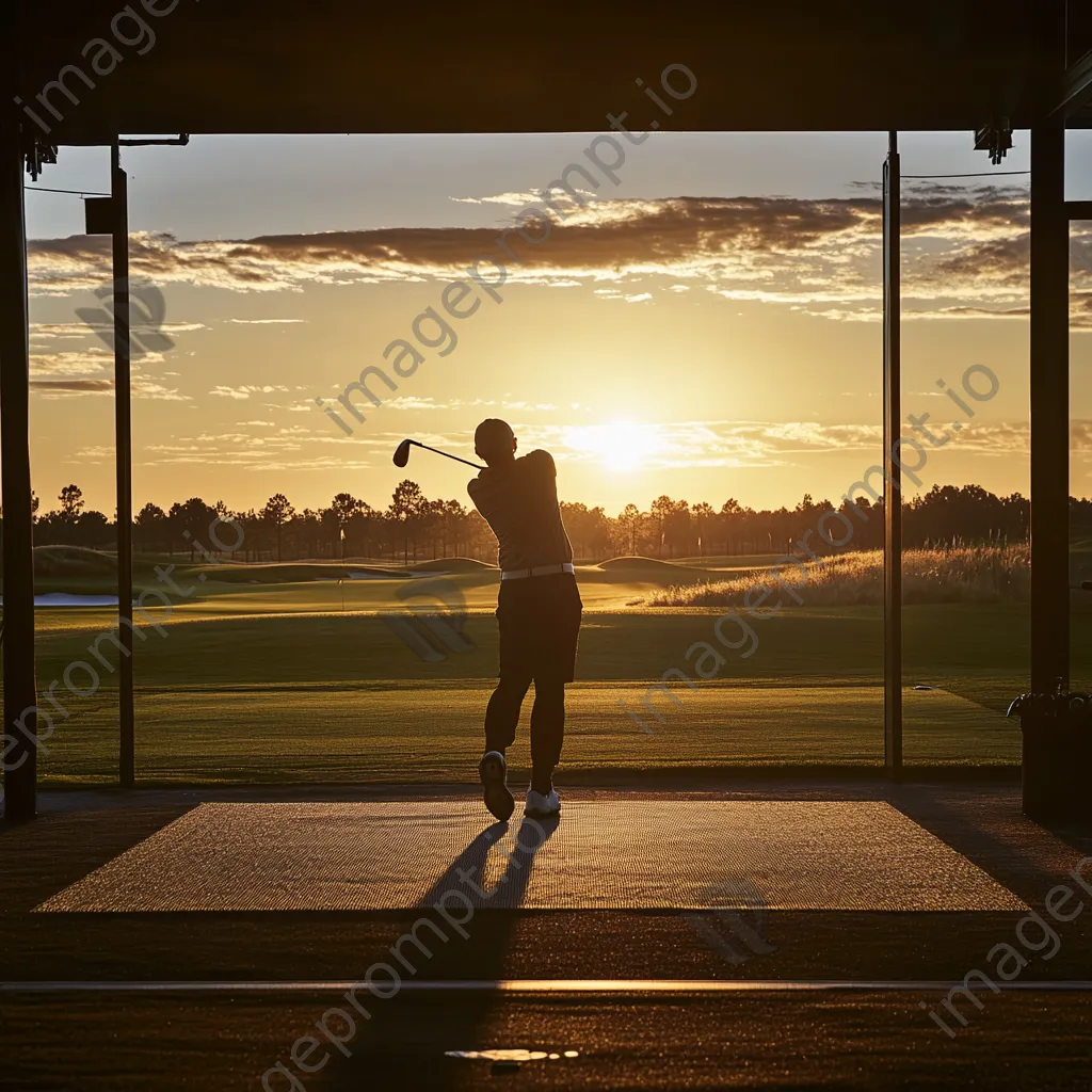 Golfer practicing swing on a driving range at golden hour - Image 3