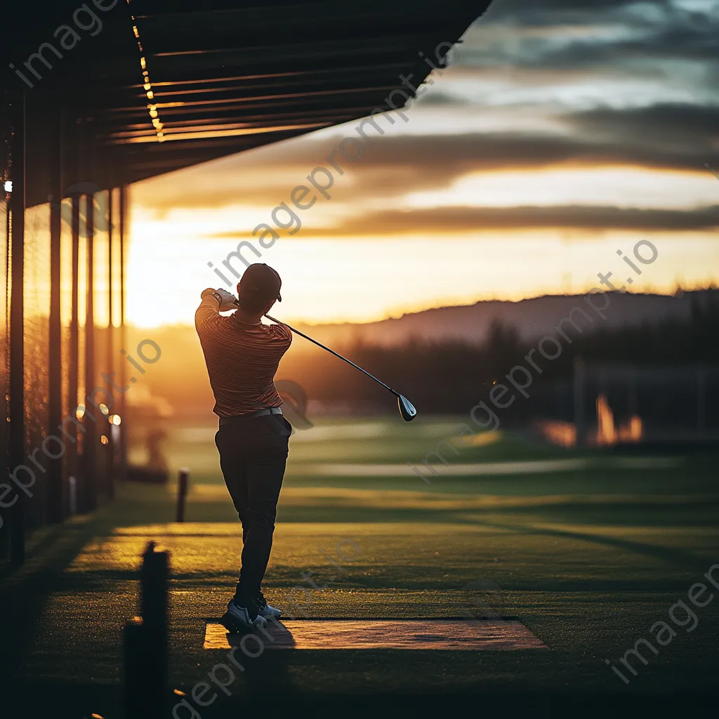 Golfer practicing swing on a driving range at golden hour - Image 4