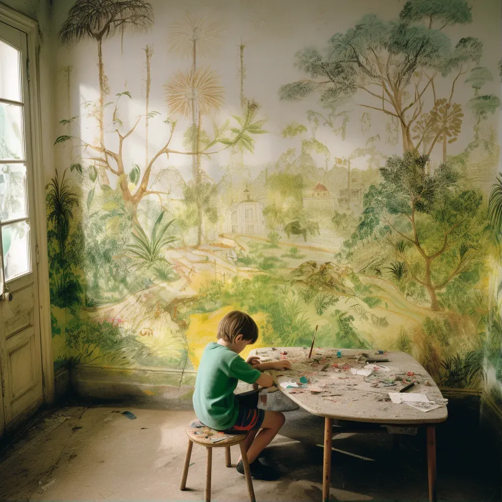 Boy drawing a lush landscape on a wall in a dim, rundown room - Image 1