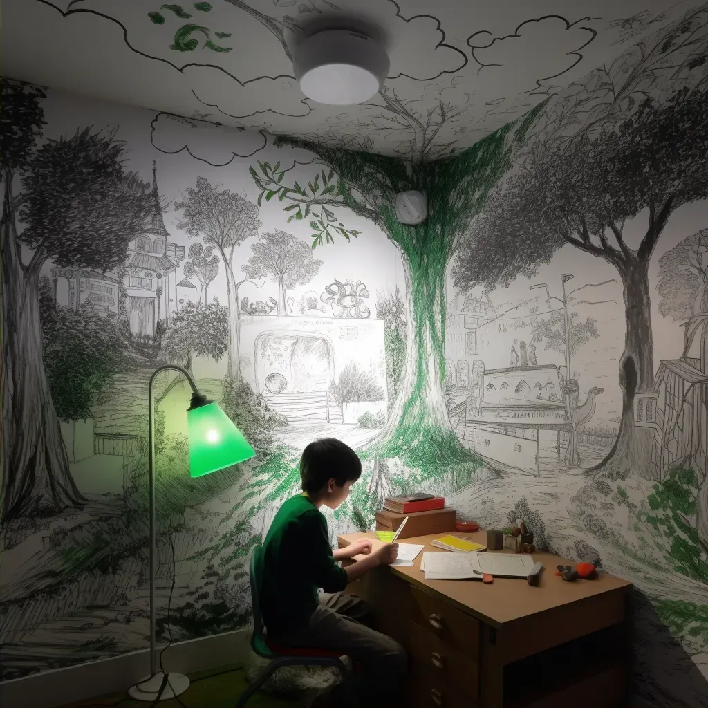 Boy drawing a lush landscape on a wall in a dim, rundown room - Image 2