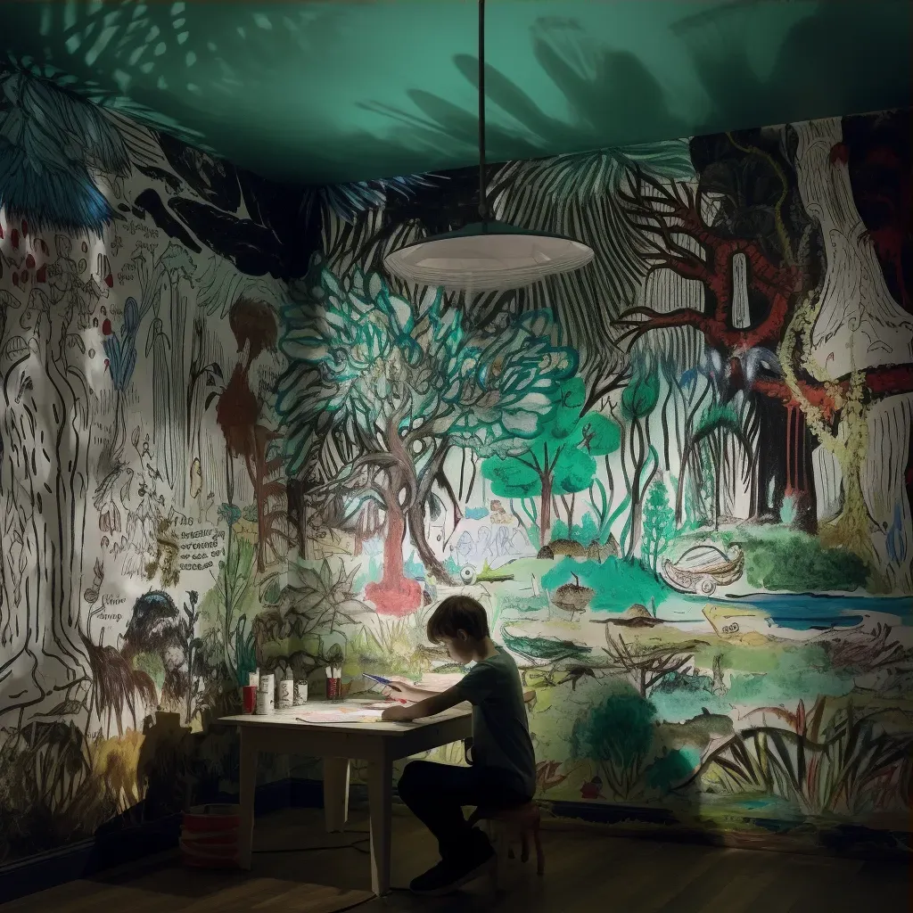 Boy drawing a lush landscape on a wall in a dim, rundown room - Image 3