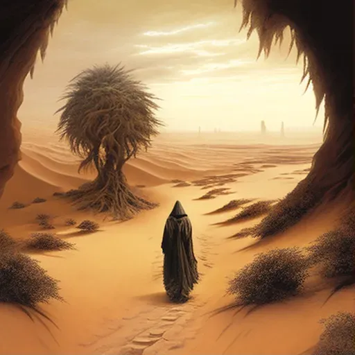 Person walking in desert with oasis in the distance - Image 1