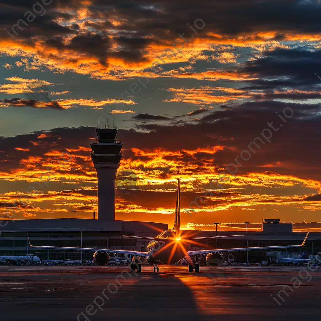 Passenger airplane at sunset with airport terminal behind - Image 1