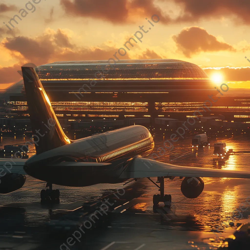 Passenger airplane at sunset with airport terminal behind - Image 3