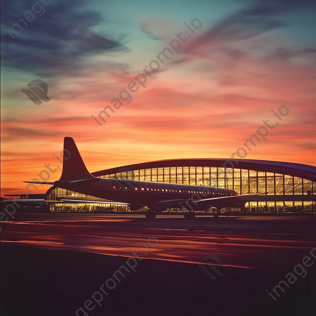 Passenger airplane at sunset with airport terminal behind - Image 4