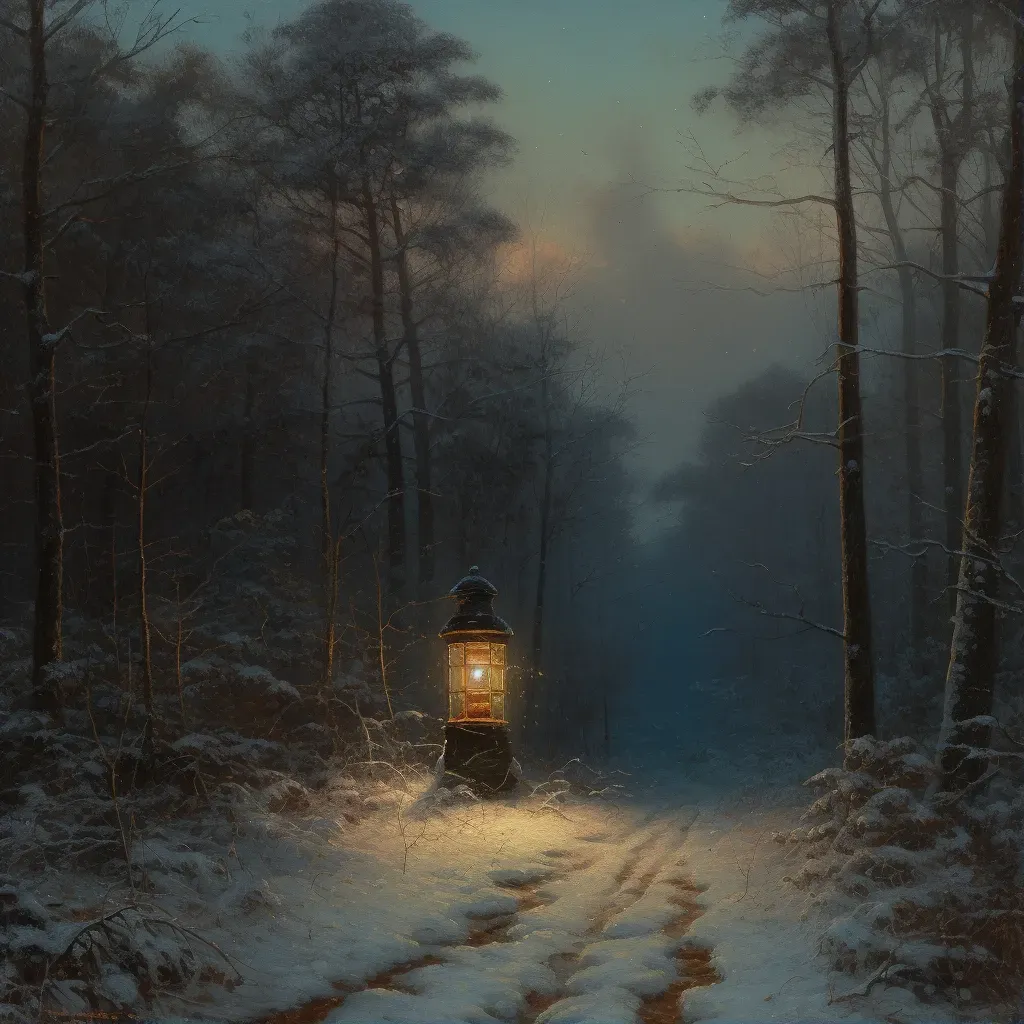 Lantern glowing warmly in snowy forest clearing under twilight sky - Image 1